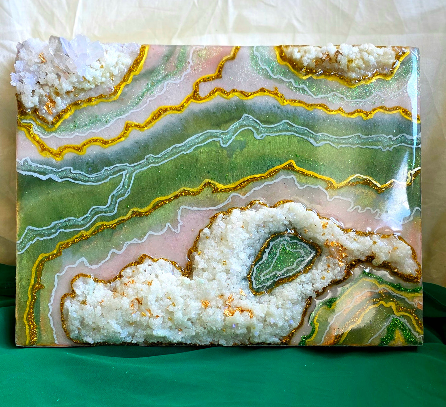 Green and Gold Geode Resin Art Panel