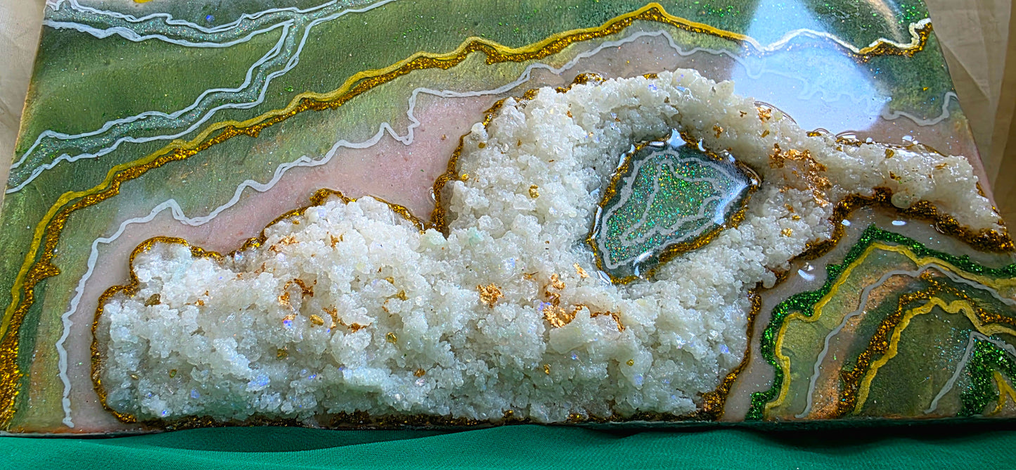 Green and Gold Geode Resin Art Panel