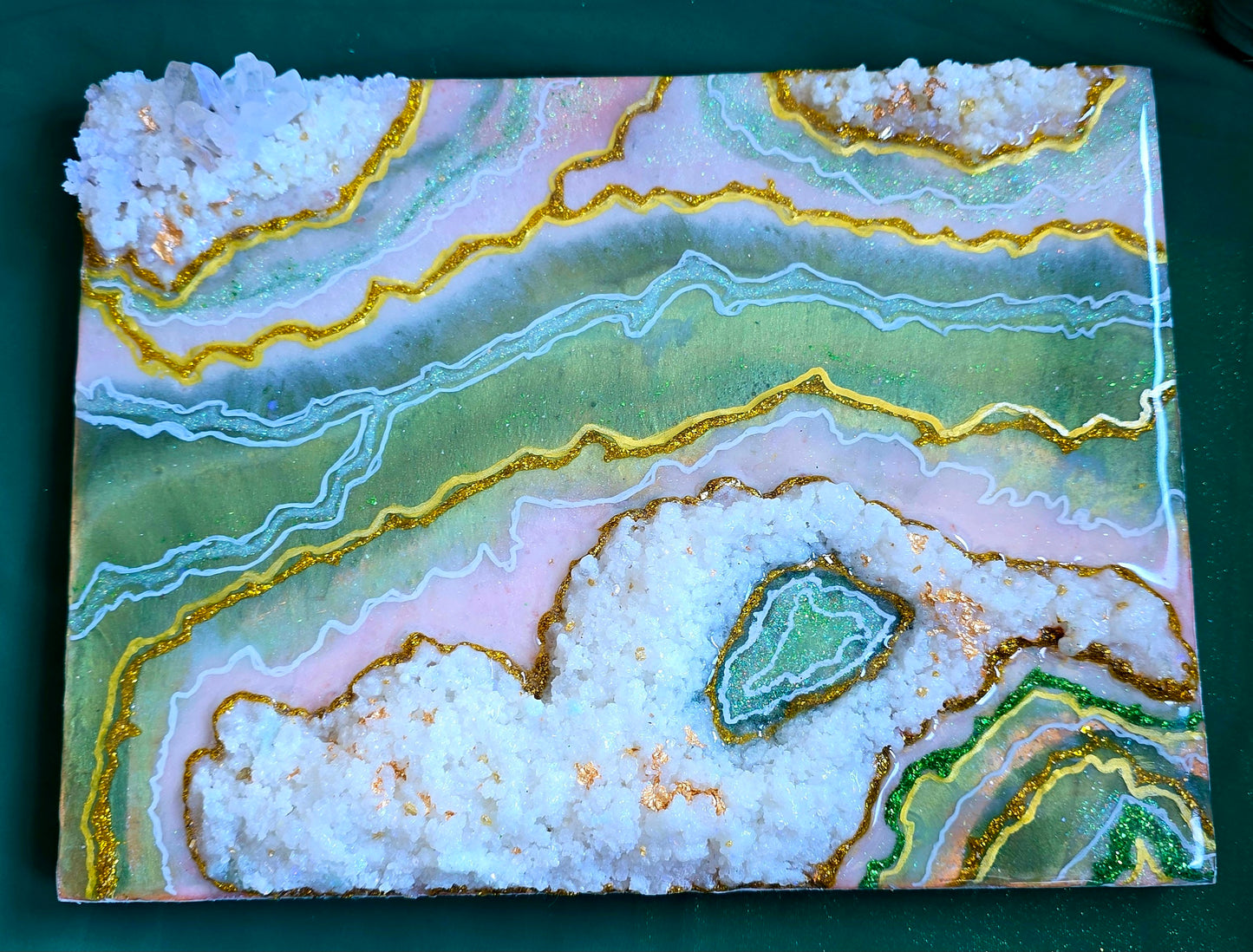 Green and Gold Geode Resin Art Panel