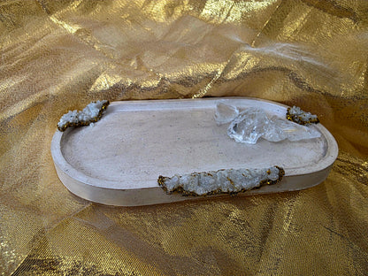 Artisan Crafted Stone-Effect Tray | Gold Glitter & Natural Crystal Embellishments